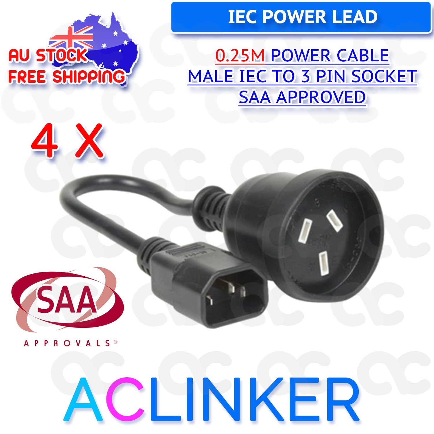 Power Cable - Male IEC to 3 Pin Socket 240V 10A SAA Approved - side angle view