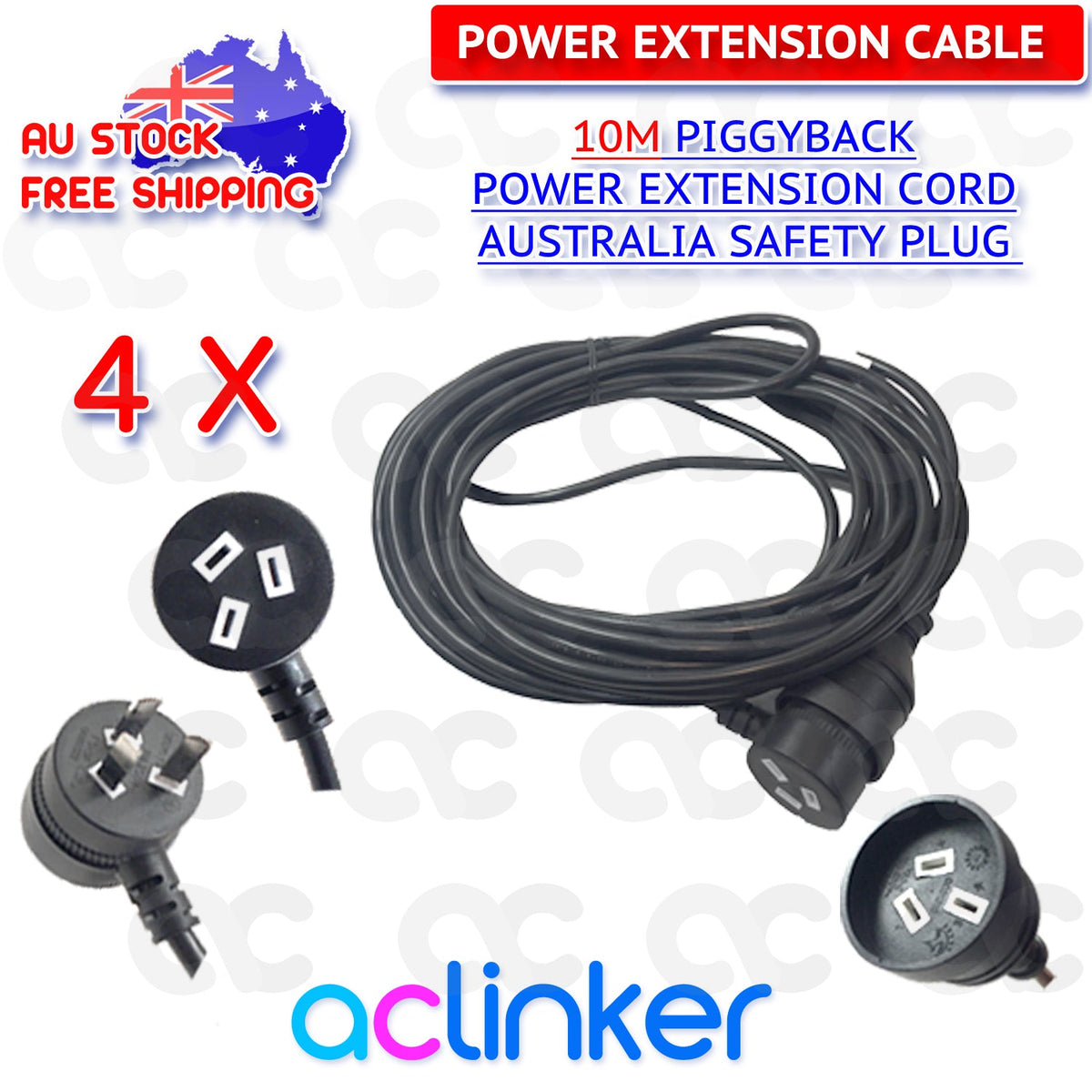 DL 10 Meters Black Piggyback Power Extension 240V 10A SAA - complete package contents