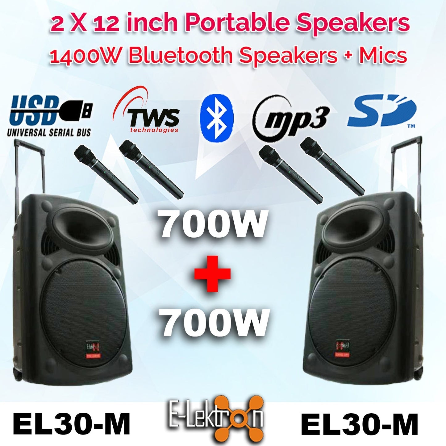 E-Lektron EL30-M 1400W TWS Bluetooth Portable PA Speakers (12") - PA speaker system available at ACLINKER Australia