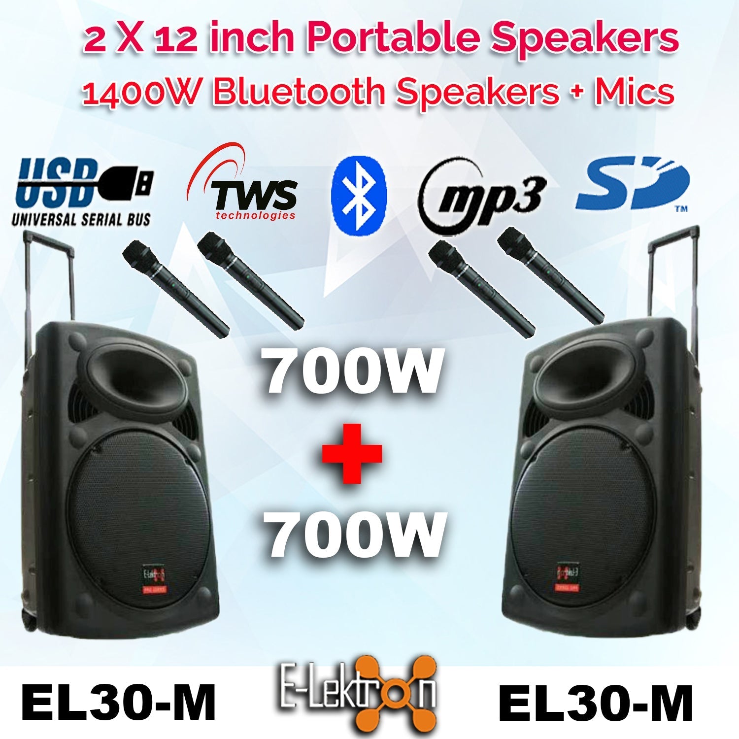E-Lektron EL30-M 1400W TWS Bluetooth Portable PA Speakers (12") - PA speaker system available at ACLINKER Australia
