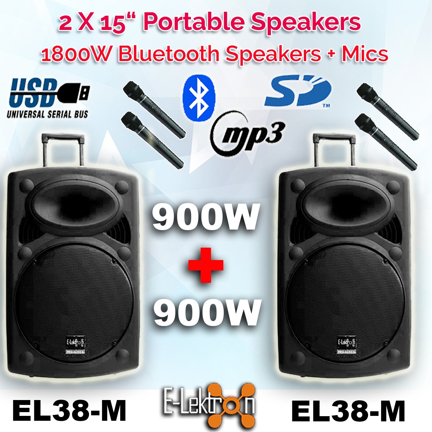 E-Lektron EL38-M 1800W TWS Bluetooth Portable PA Speakers (15") - PA speaker system available at ACLINKER Australia