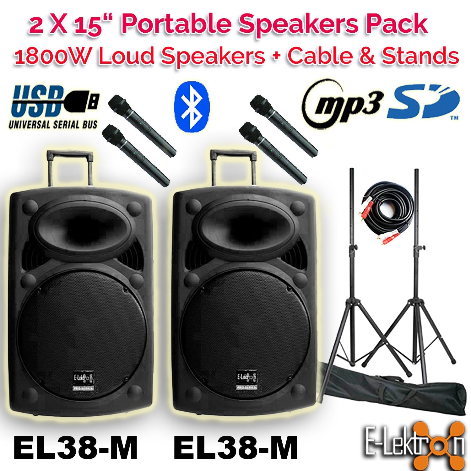E-Lektron EL38-M 1800W Bluetooth TWS Portable PA Speaker Pair with Stands (15") - PA speaker system available at ACLINKER...