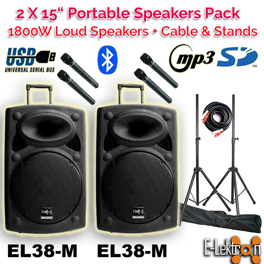 E-Lektron EL38-M 1800W Bluetooth TWS Portable PA Speaker Pair with Stands (15") - PA speaker system available at ACLINKER...