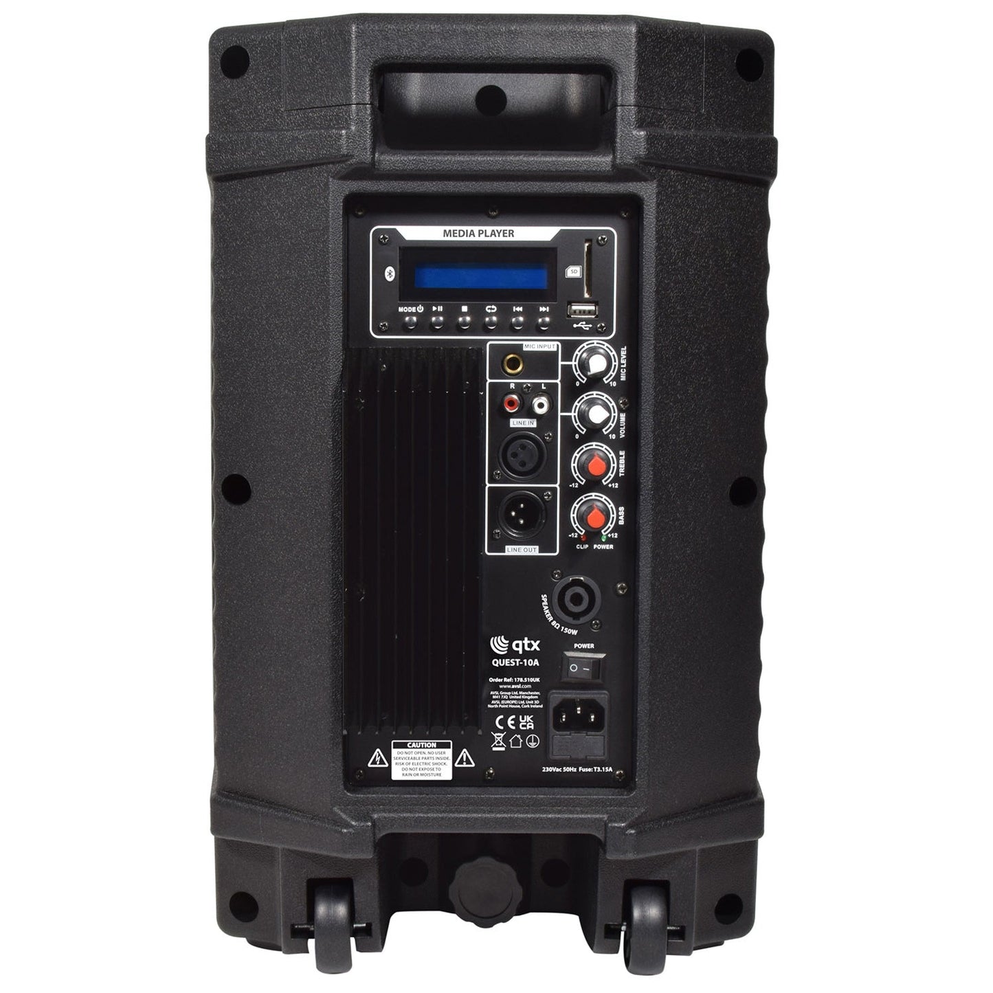 QTX Penta Q125 2040W Bluetooth PA with Linkable Mics & Stands - side angle view