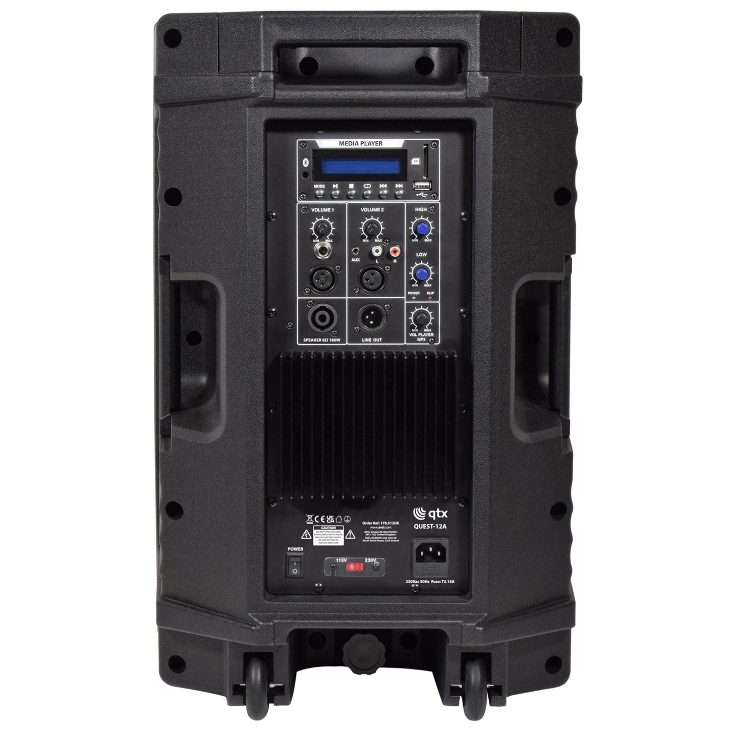 QTX Audius-12 Bluetooth PA Bundle with Mixer, Mics & Stands - side angle view