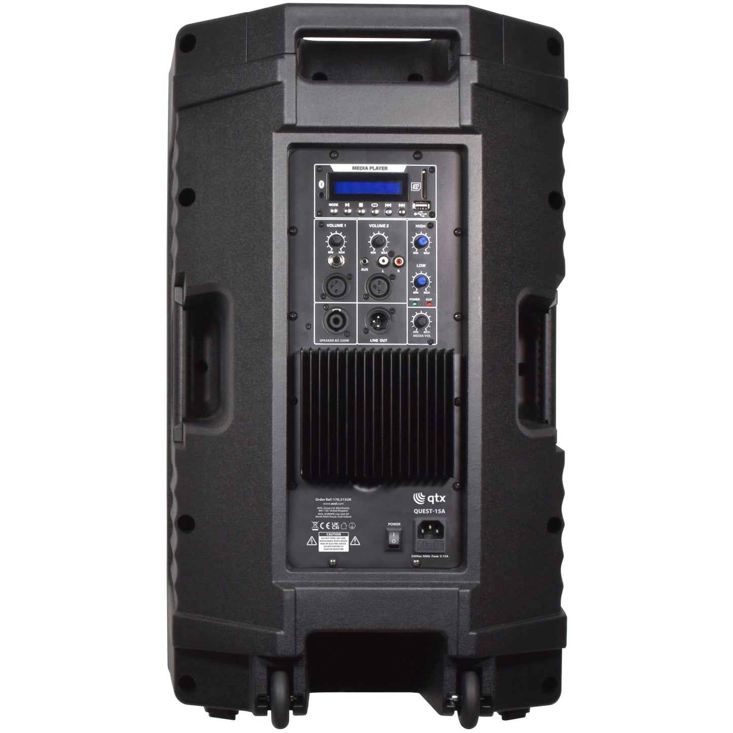 QTX Quest 15QMS 1760W PA Speaker Pair | Bluetooth Mixer & XLR - side angle view