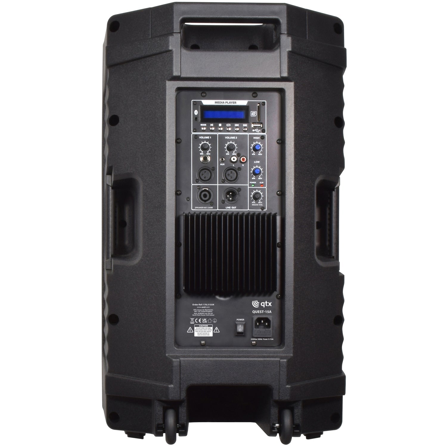 QTX Quest 15QMS 1760W PA Speaker Pair | Bluetooth Mixer & XLR - side angle view