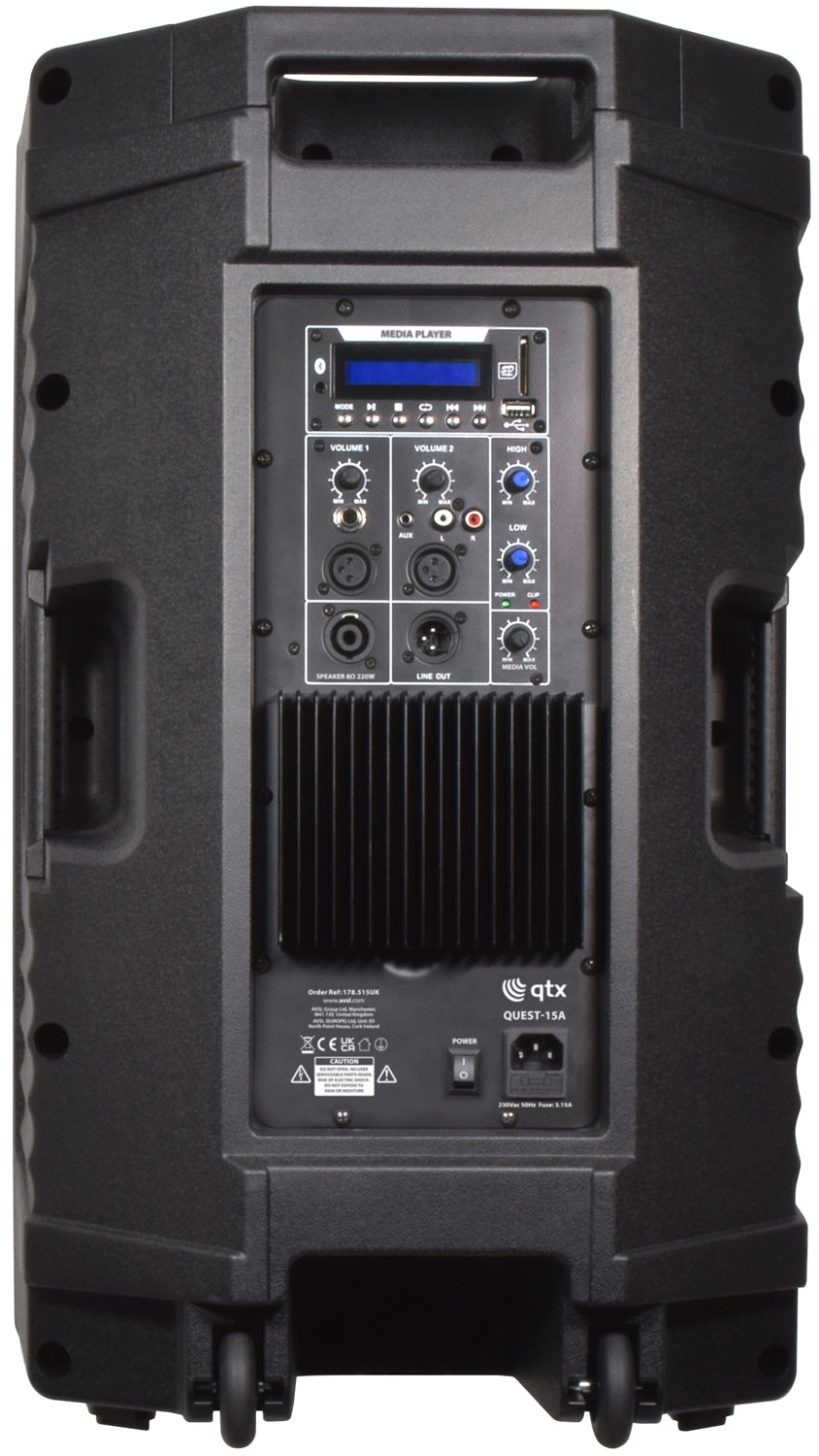 QTX Quest-15A Powerful Active PA cabinet Bluetooth FM tuner Speaker with wheels