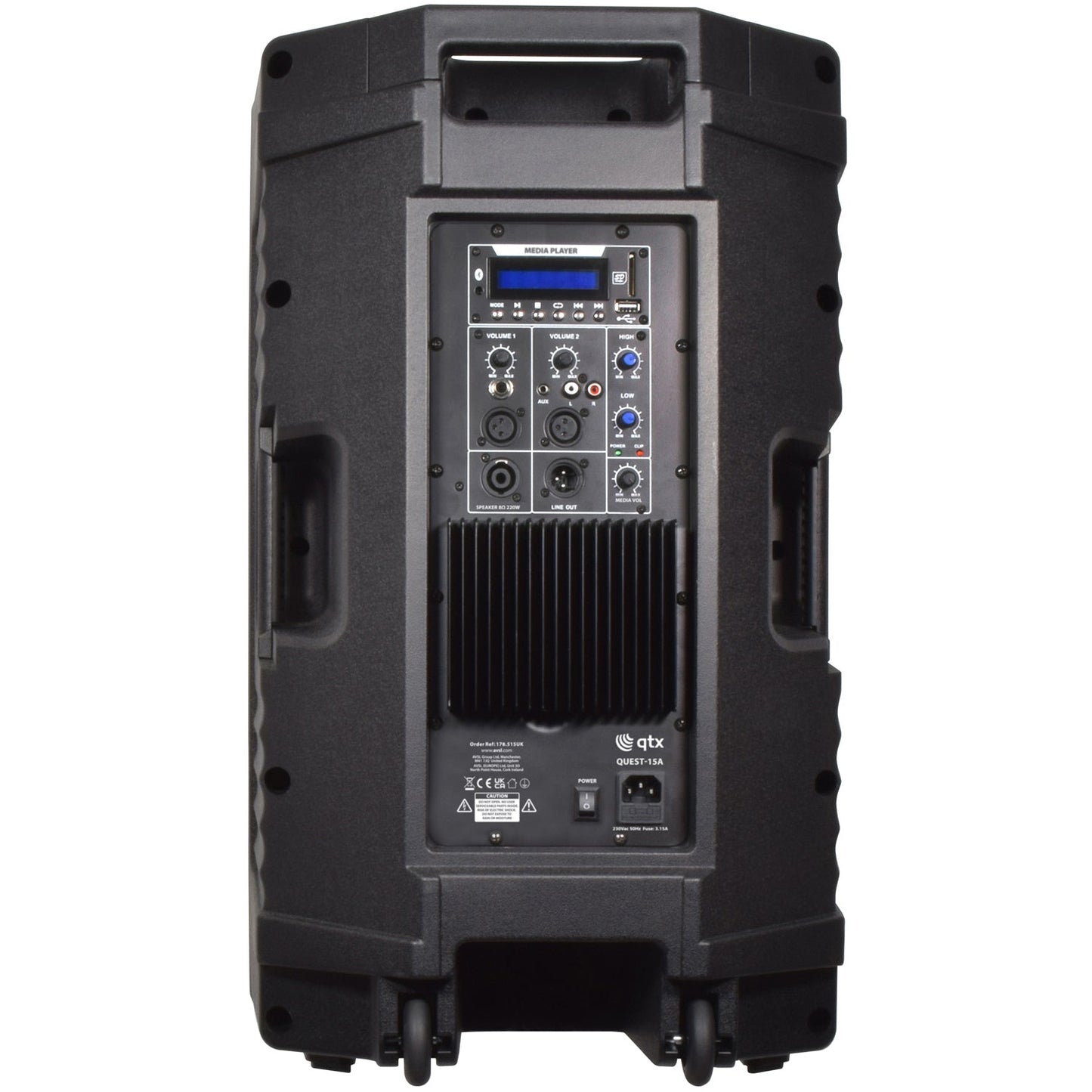 QTX Quest QKS15 Bluetooth PA Speaker with 2 UHF Mics - side angle view