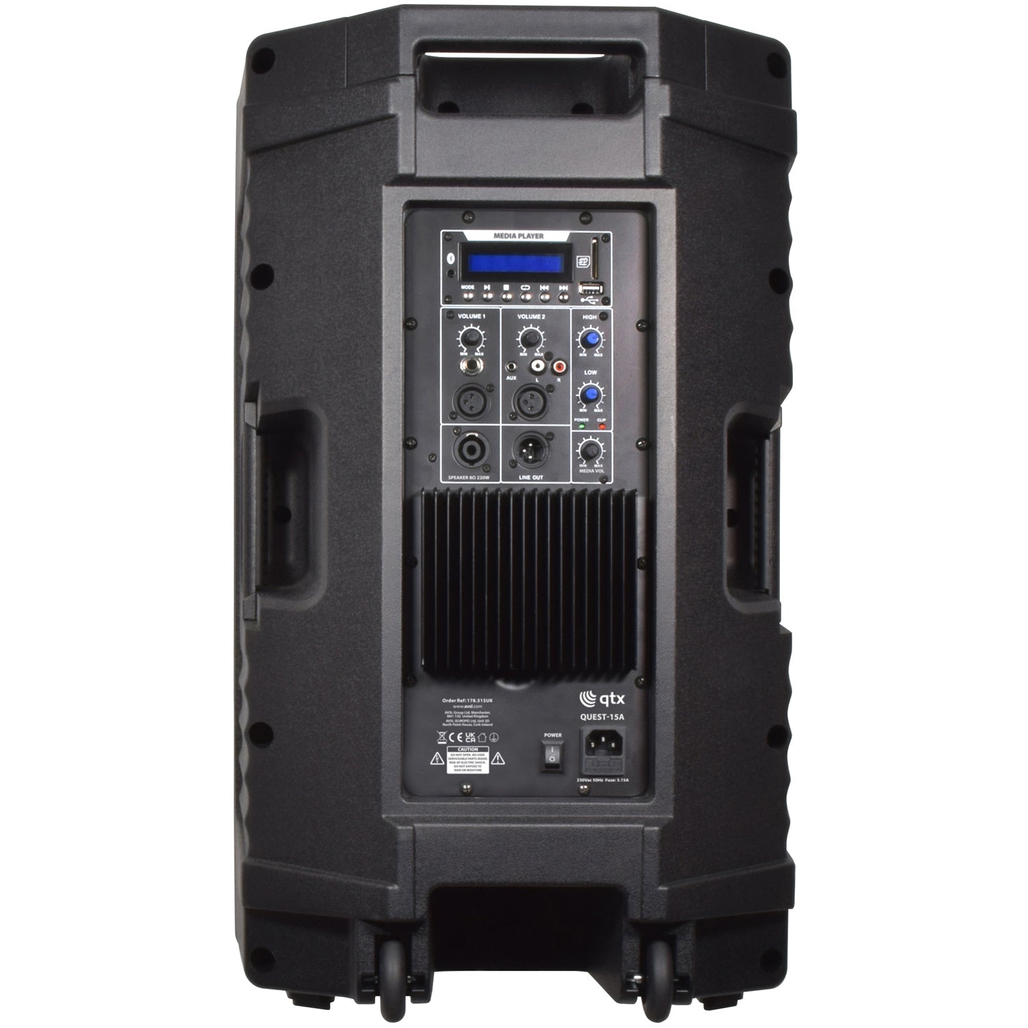 QTX Quest QKS15 Bluetooth PA Speaker with 2 UHF Mics - side angle view