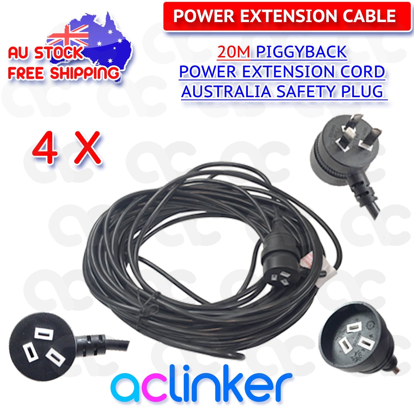 DL 20 Meters Black Piggyback Power Extension 240V 10A SAA - complete package contents
