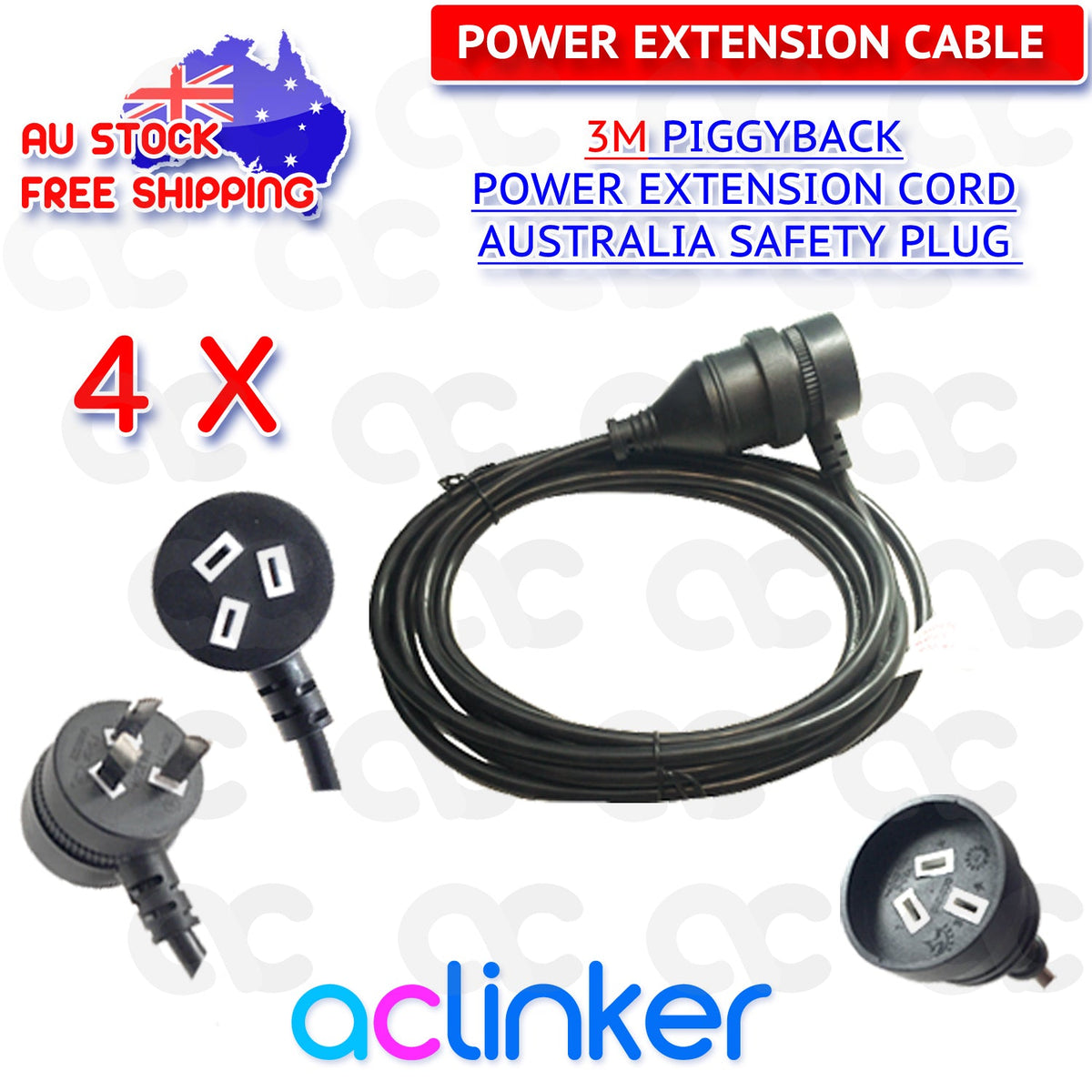 DL 3 Meters Black Piggyback Power Extension 240V 10A SAA - complete package contents