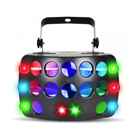 CR Lite Butterfly DJ Party Light with RGB Fog Machine Liquid Bundle Kit for Events - rear panel and connections