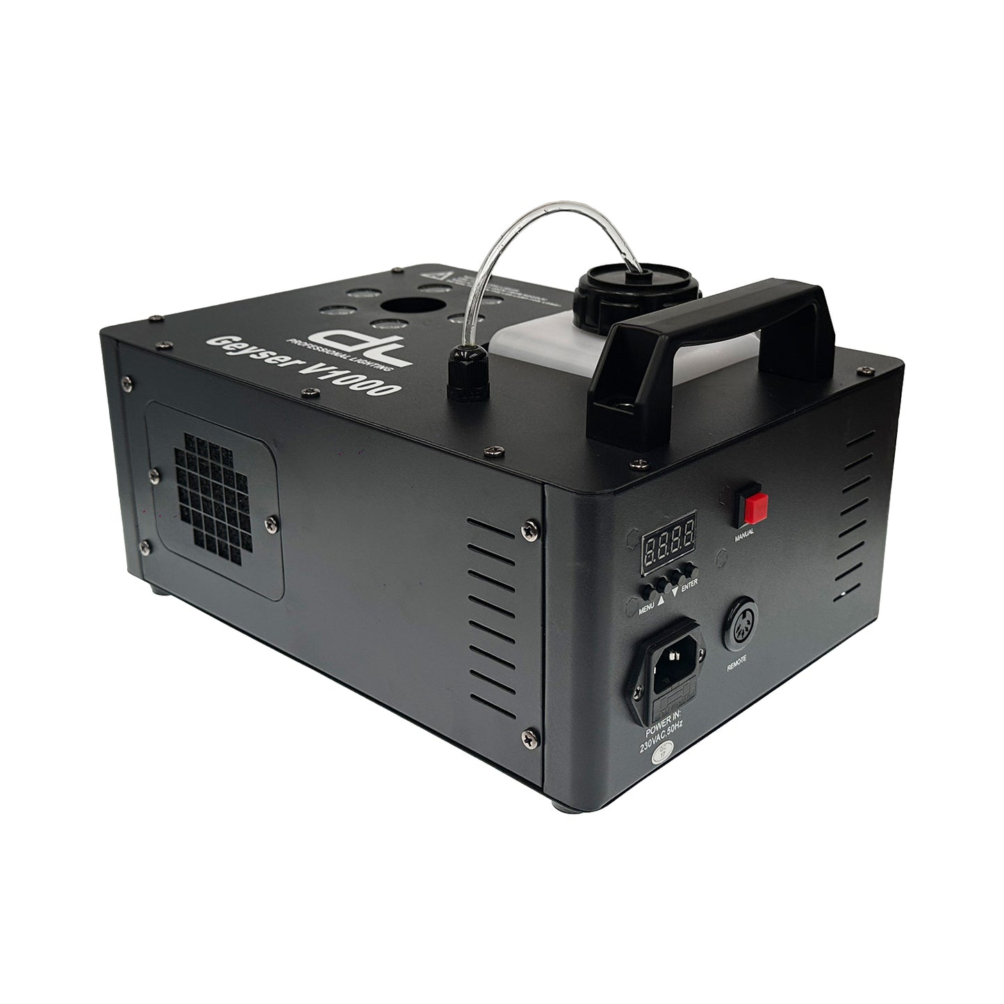 DL Geyser Vertical 1000W LED Fog Machine with Timer, DMX and Wireless Remote Control with 2L Liquid