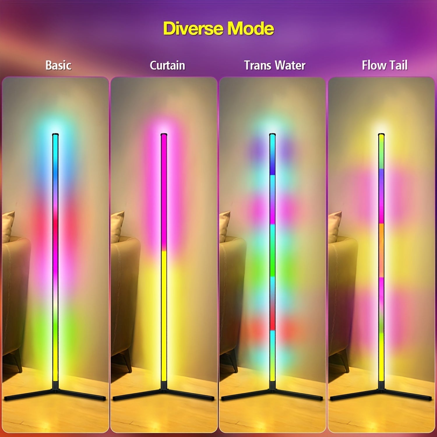 RGB Corner Floor Lamp 120cm — Smart APP Control, Music Sync LED - side angle view