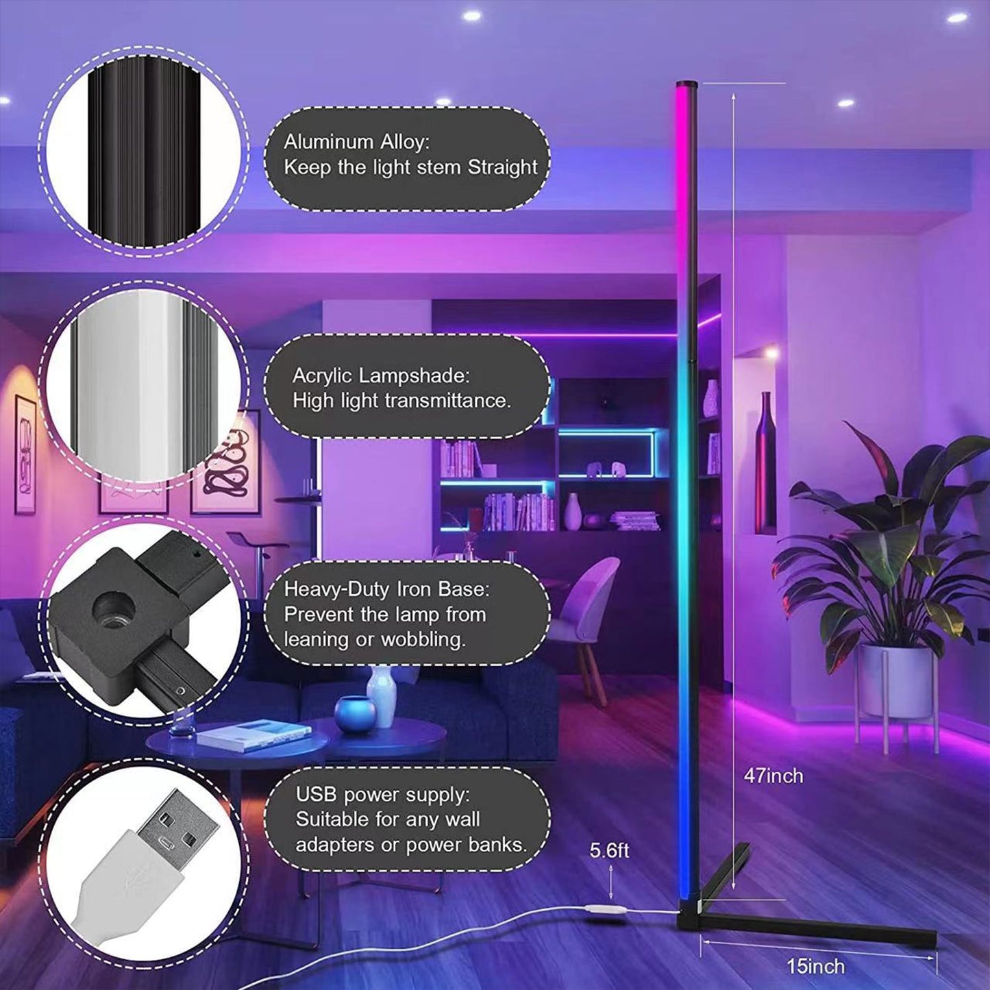 RGB Corner Floor Lamp 120cm — Smart APP Control, Music Sync LED - close-up detail