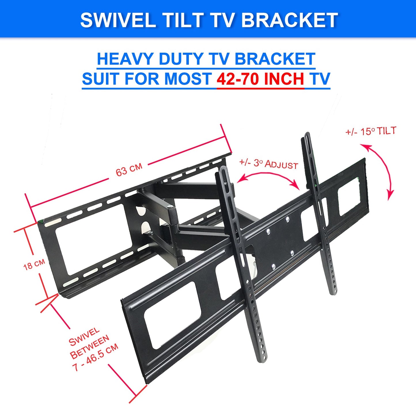 Full Motion TV Wall Mount Bracket 42"-70" — Swivel Tilt 70kg - rear panel and connections