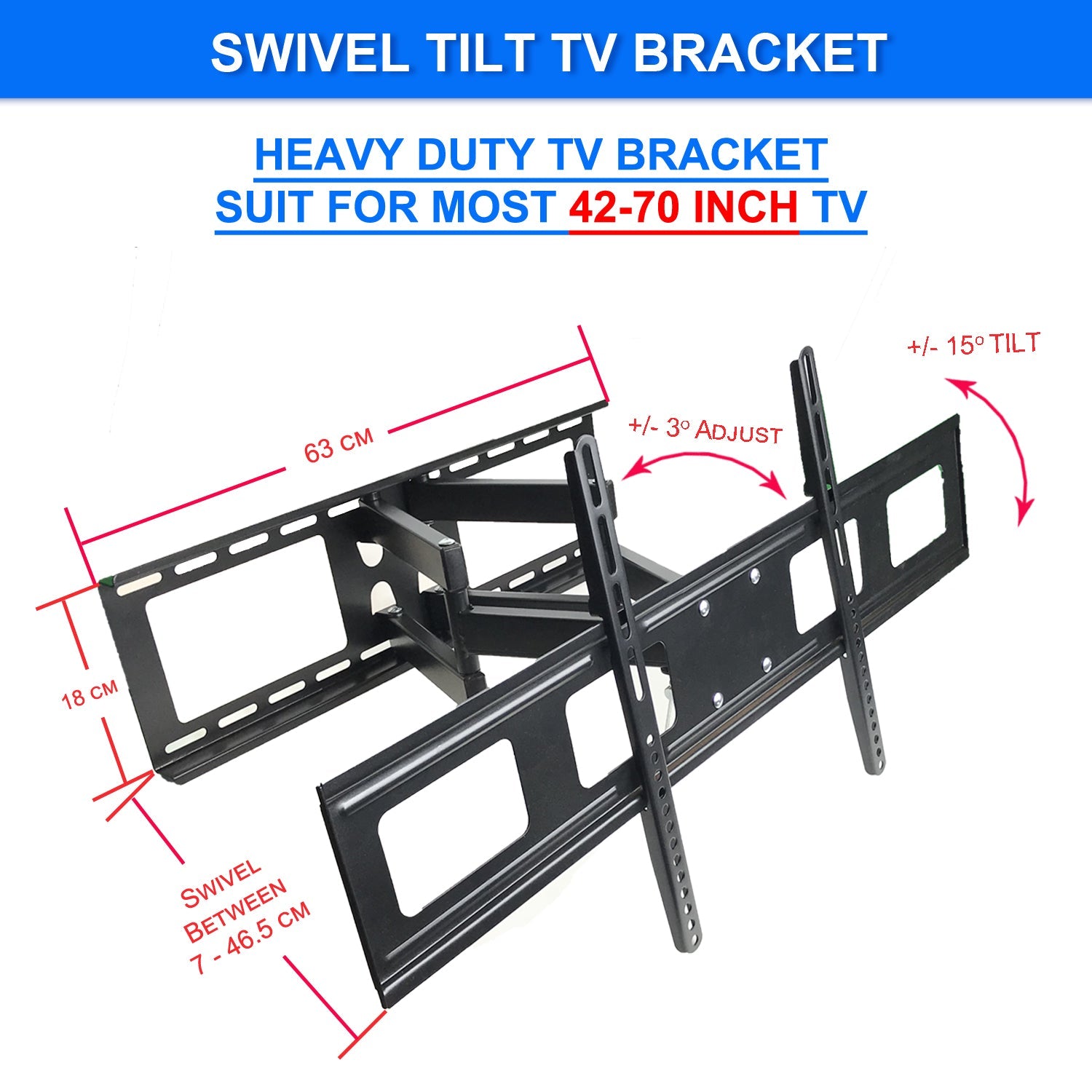 Full Motion TV Wall Mount Bracket 42"-70" — Swivel Tilt 70kg - rear panel and connections