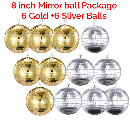 12 Pack 8 inch Mirror Disco Balls (6 Gold + 6 Silver) Reflective Hanging Decoration for Parties Events Weddings & Home Decor