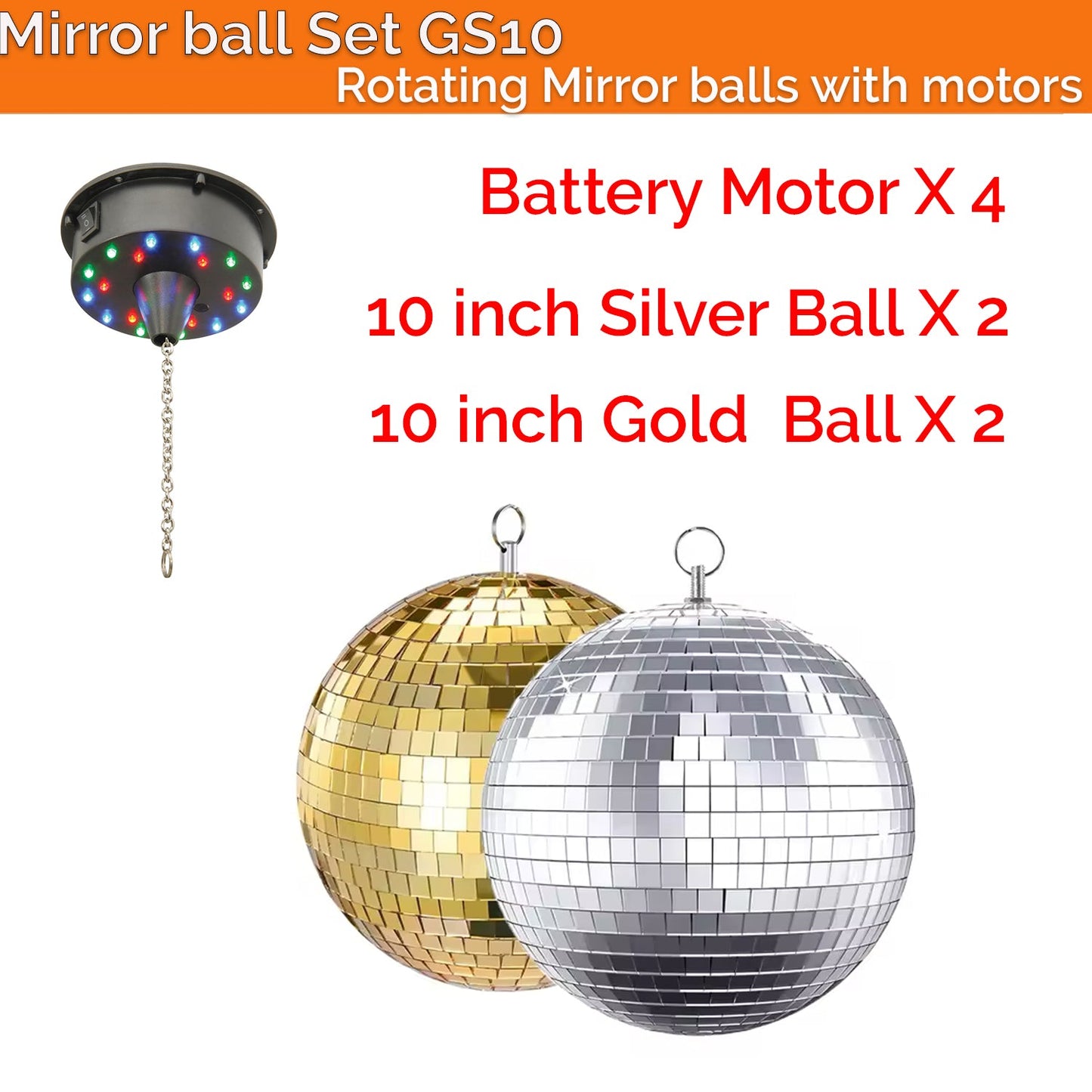 Mirror Ball Deco Set 10 inch balls(2 Gold + 2 Silver) plus motors - mirror ball motor available at ACLINKER Australia