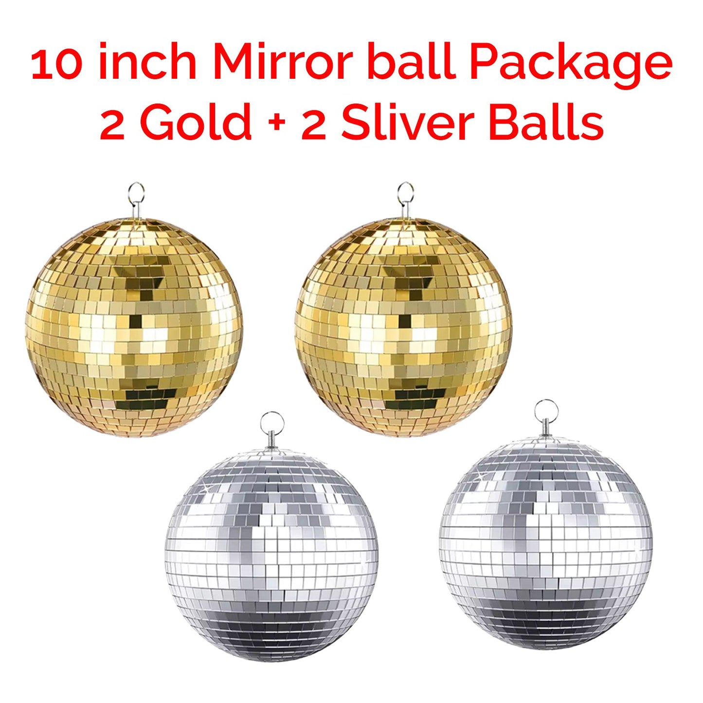 4 Pack 10 inch Mirror Disco Balls (2 Gold + 2 Silver) Reflective Hanging Decoration for Parties Events Weddings & Home Decor