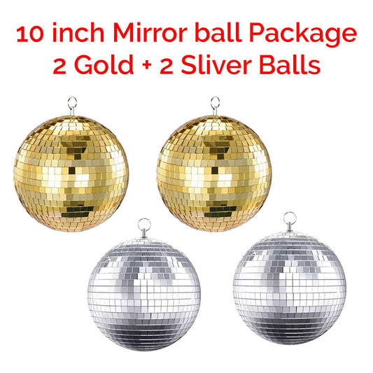 4 Pack 10 inch Mirror Disco Balls (2 Gold + 2 Silver) Reflective Hanging Decoration for Parties Events Weddings & Home Decor