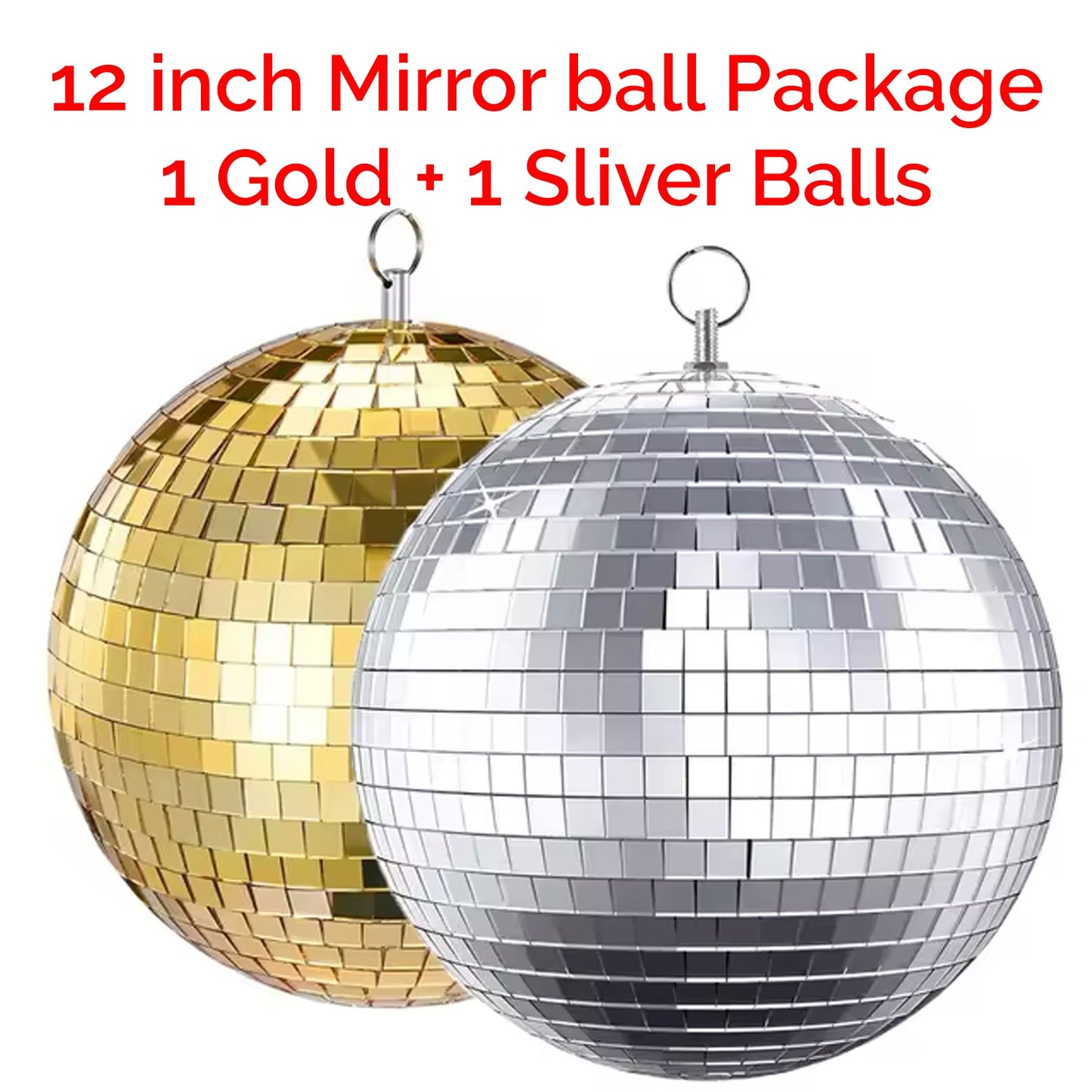 2 Pack 12 inch Mirror Disco Balls (1 Gold + 1 Silver) Reflective Hanging Decoration for Parties Events Weddings & Home Decor