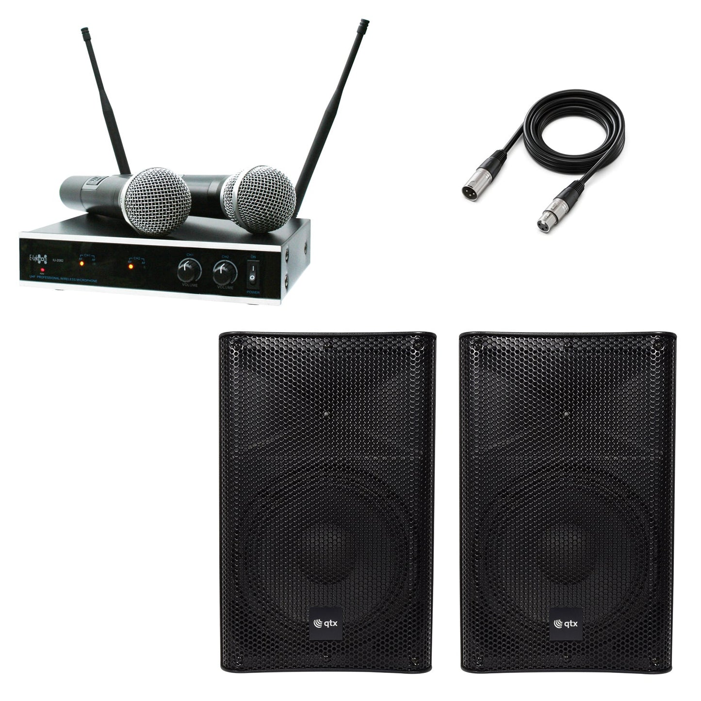 QTX Quest-10SM 10" Active PA Speaker Pair & Dual UHF Microphone Set | 1200W - PA speaker system available at ACLINKER...