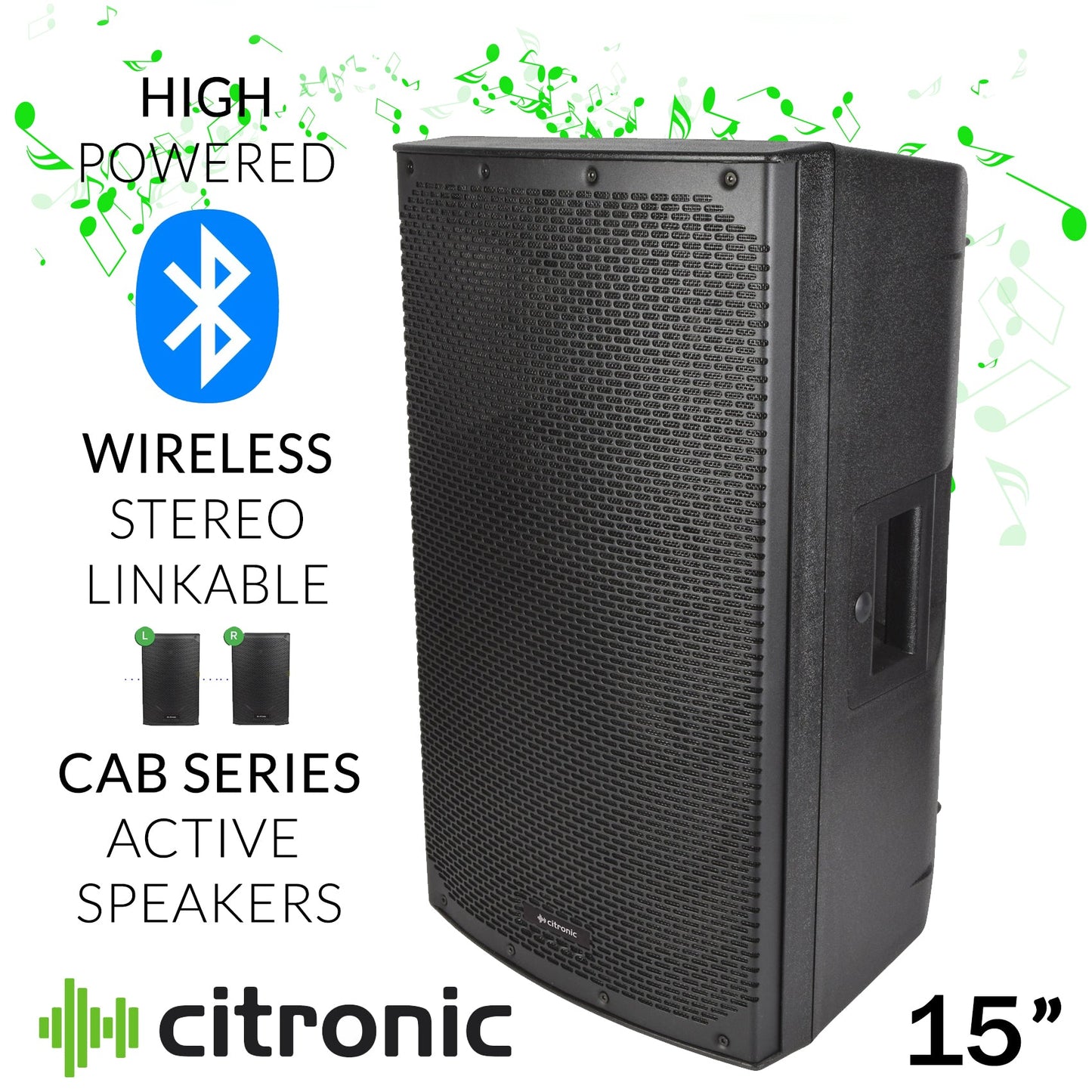 Citronic 15L Pack 2 X 15-inch Bluetooth Stereo Linkable 2800W PA Speakers with Stands - side angle view