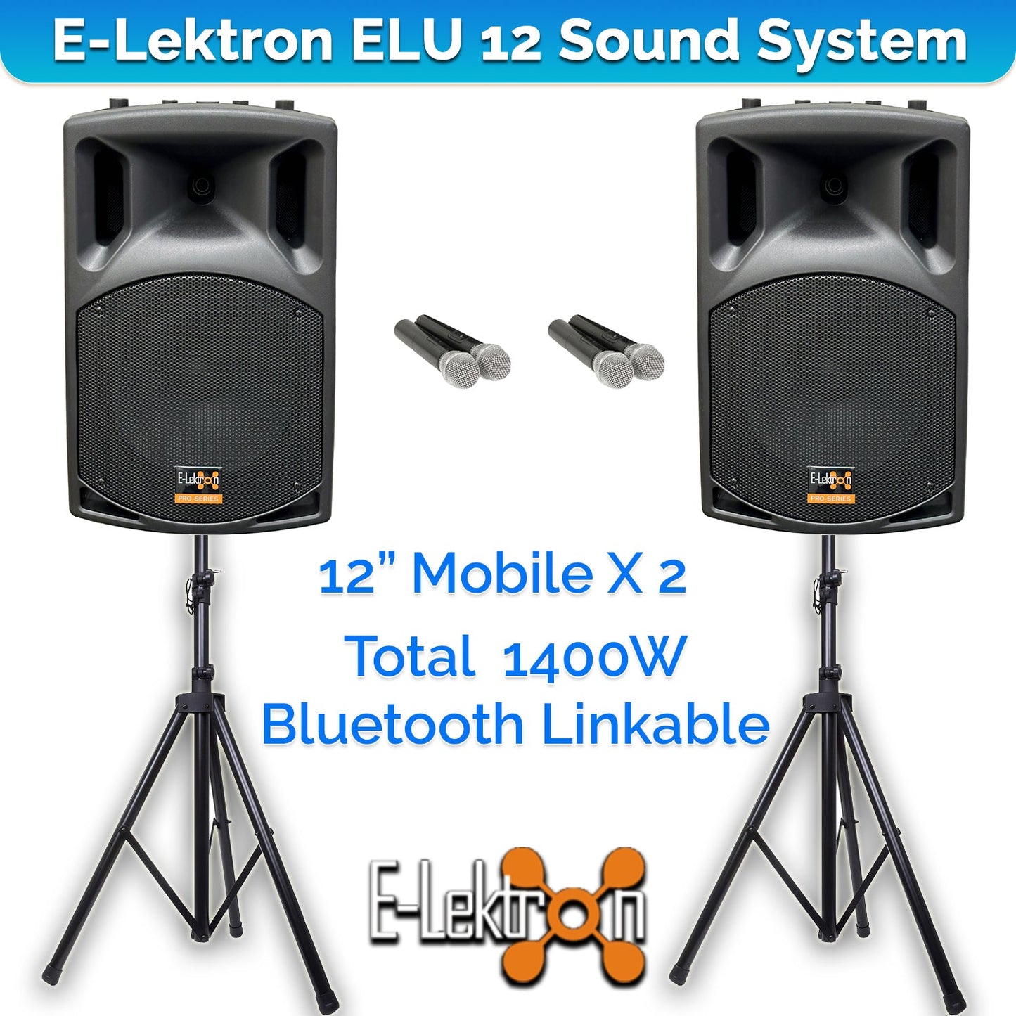 E-Lektron UHF30-MS 1400W 2X12" inch Bluetooth Portable PA with 4 UHF Mics and Stands - rear panel and connections