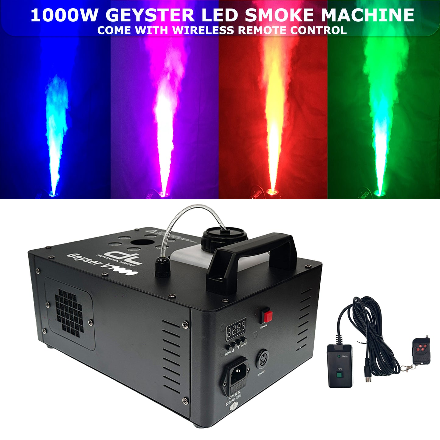 DL Geyser Vertical 1000W Tri-color RGB LED with Fluid Sensor Fog Machine come with Wireless Remote Control