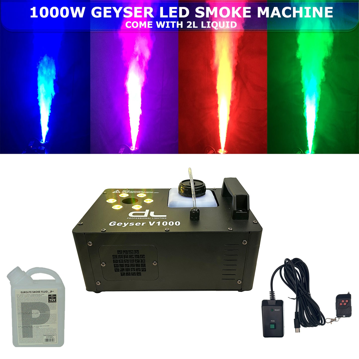 DL Geyser Vertical 1000W LED Fog Machine with Timer, DMX and Wireless Remote Control with 2L Liquid