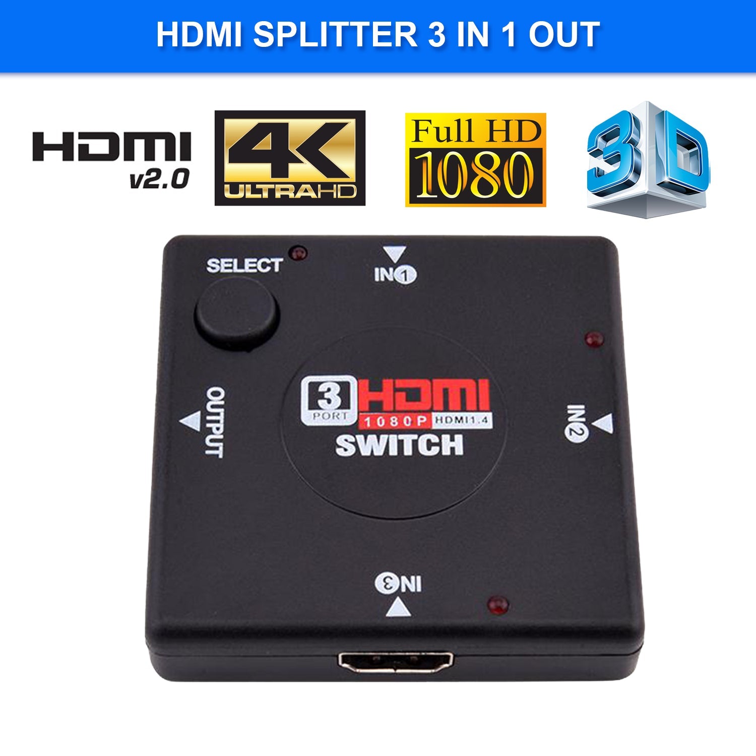 HDMI Switch 3 in Port 1 out port HDMI Switcher Supports Full HD 1080p 3D support 4k - HDMI cable available at ACLINKER...