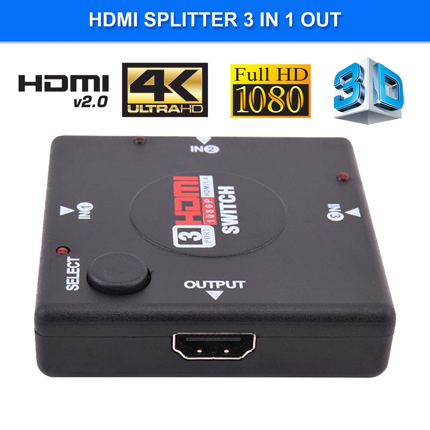 HDMI Switch 3 in Port 1 out port HDMI Switcher Supports Full HD 1080p 3D support 4k - side angle view