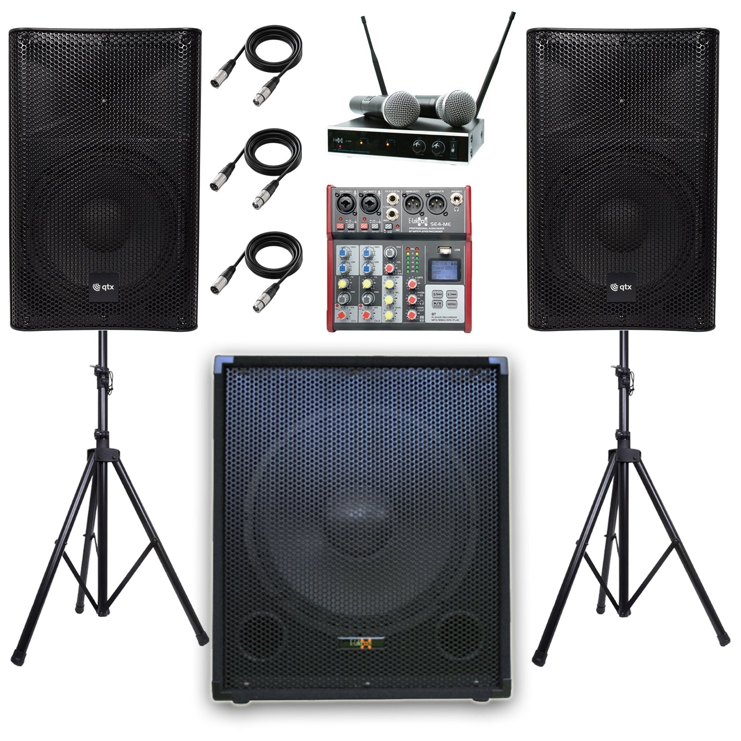 QTX Quest 15PAM 2360W 2.1 PA System | Sub, Mixer, Stands & Mic - PA speaker system available at ACLINKER Australia