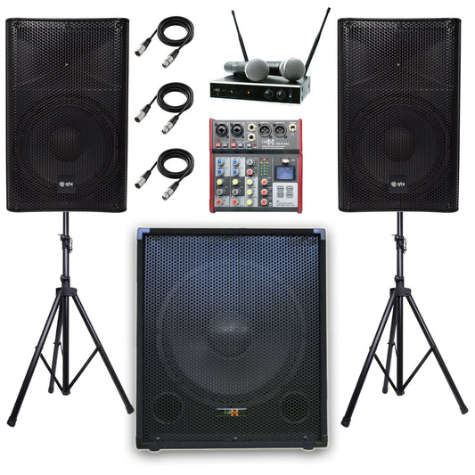 QTX Quest 15PAM 2360W 2.1 PA System | Sub, Mixer, Stands & Mic - PA speaker system available at ACLINKER Australia