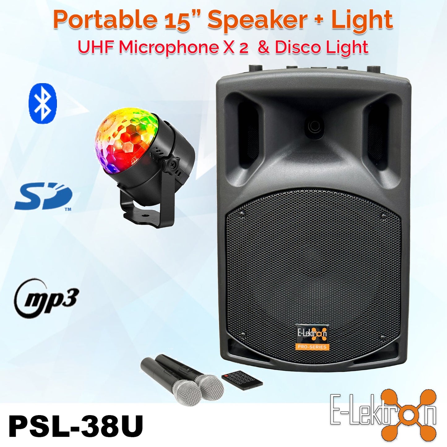E-lektron PSL-38U Bluetooth Karaoke Speaker with UHF Mics & LED Light - portable Bluetooth speaker available at ACLINKER...