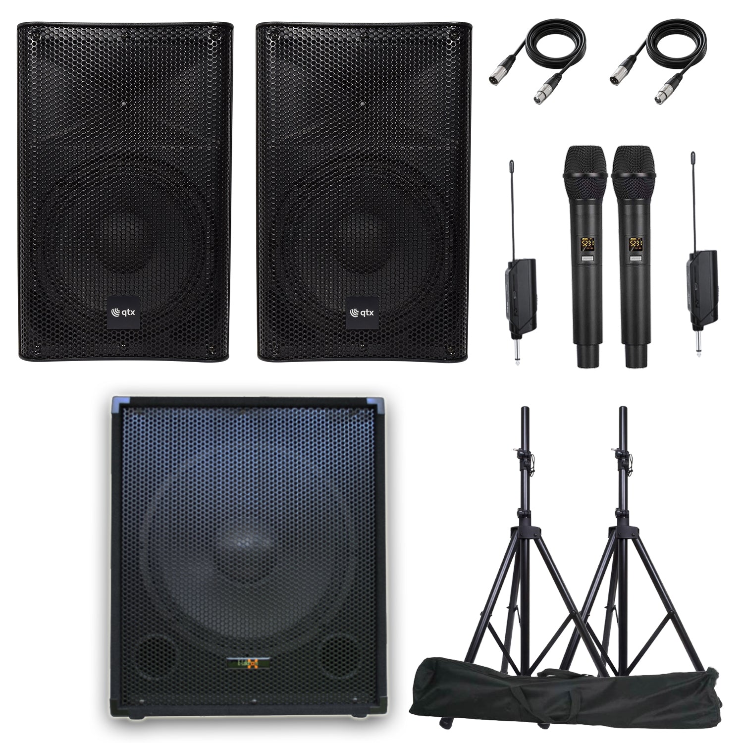 QTX Penta Q125 2040W Bluetooth PA with Linkable Mics & Stands - PA speaker system available at ACLINKER Australia