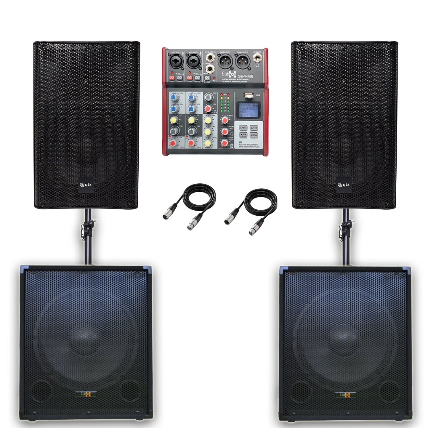 QTX Quadmix 555 2960W Active 2.2 PA System Bundle| Dual 15“ Sub,15”Top, Mixer,Poles - PA speaker system available...