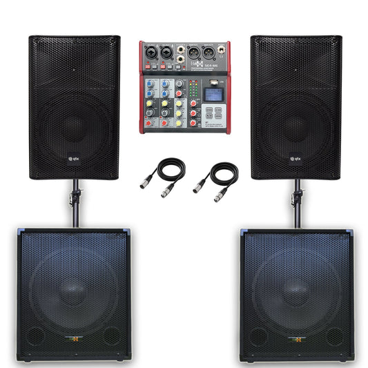 QTX Quadmix 555 2960W Active 2.2 PA System Bundle| Dual 15“ Sub,15”Top, Mixer,Poles - PA speaker system available...