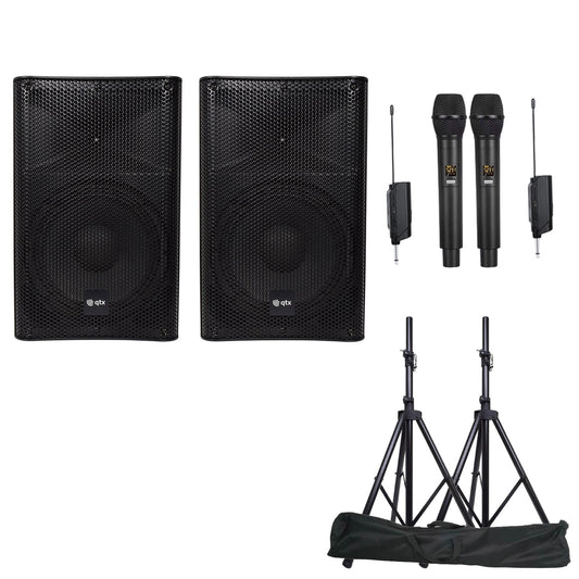 QTX Quest-QUS15 2X15" inch 1760W Karaoke Set with Bluetooth TWS & 2 UHF Mics - PA speaker system available at ACLINKER...