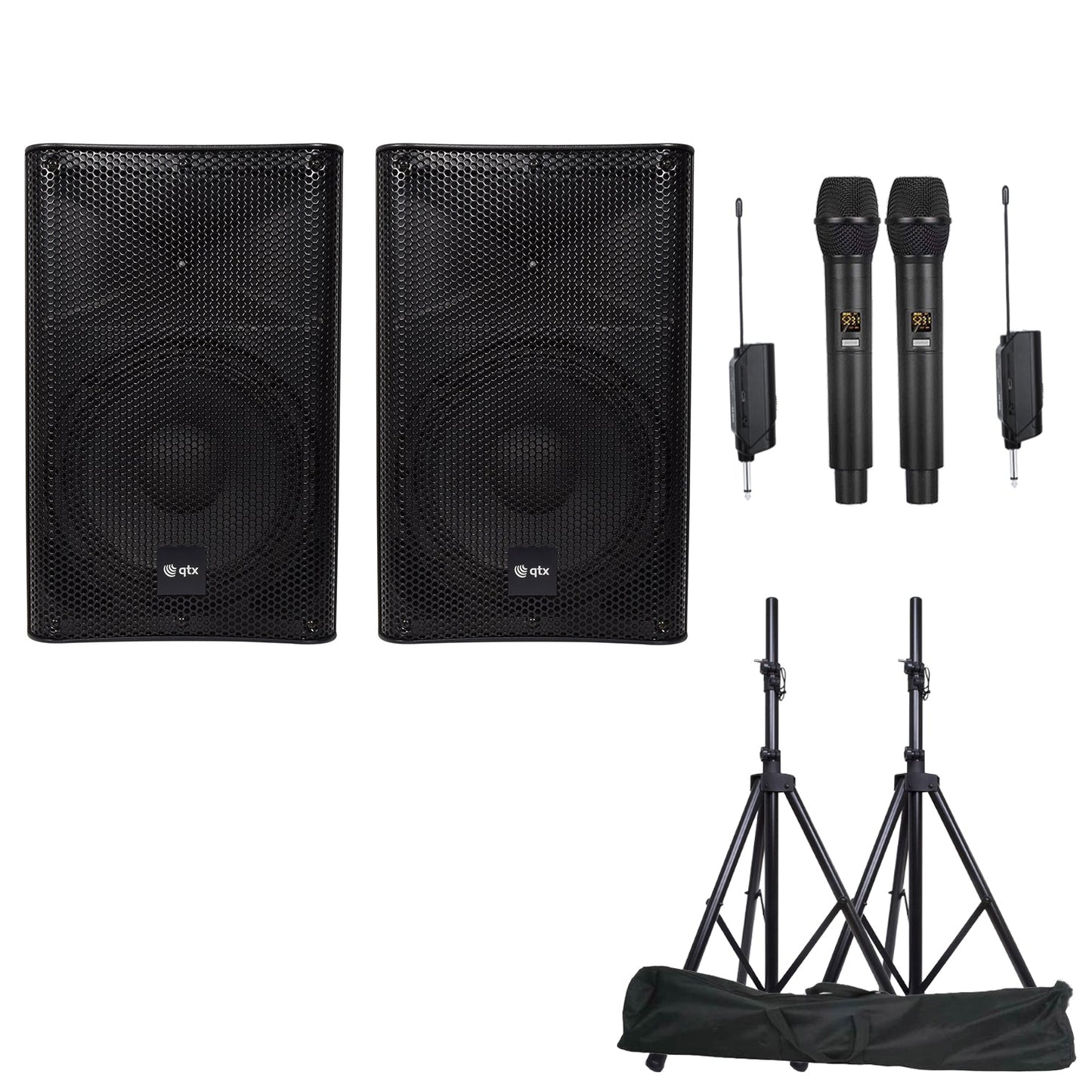 QTX Quest-QUS15 2X15" inch 1760W Karaoke Set with Bluetooth TWS & 2 UHF Mics - PA speaker system available at ACLINKER...