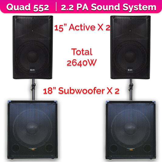 QTX Quad 552 2640W Active 2.2 PA System Bundle|15" Subwoofers + 12" PA Speakers & Poles - PA speaker system available...