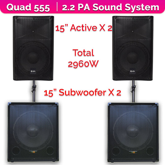 QTX Quad 555 2960W Active 2.2 PA System Bundle|15" Subwoofers + 15" PA Speakers & Poles - PA speaker system available...