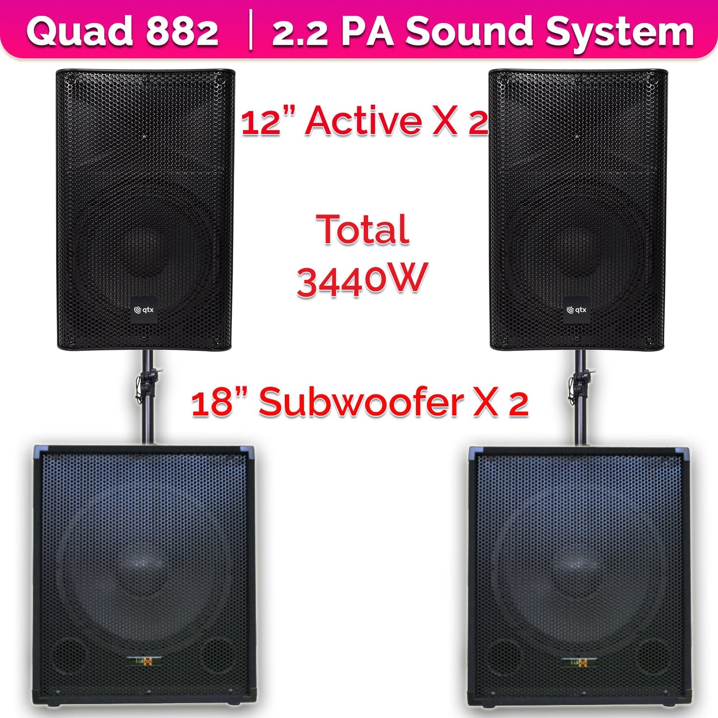 QTX Quad 882 3440W Active 2.2 PA System Bundle|18" Subwoofers + 12" PA Speakers & Poles - PA speaker system available...