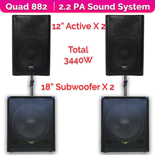 QTX Quad 882 3440W Active 2.2 PA System Bundle|18" Subwoofers + 12" PA Speakers & Poles - PA speaker system available...