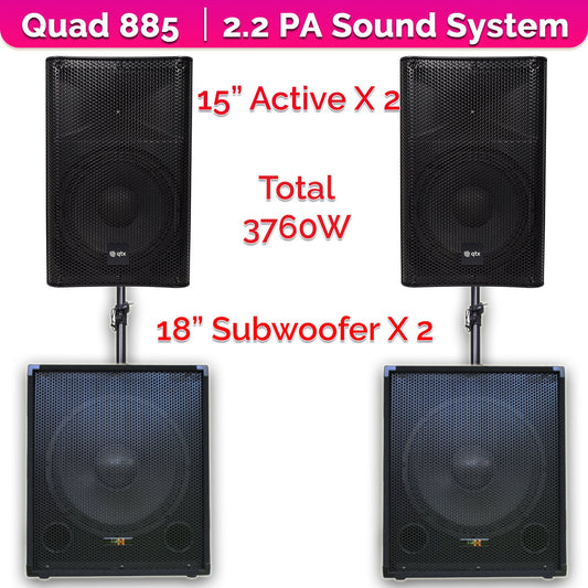 QTX Quad 885 3760W Active 2.2 PA System Bundle|18" Subwoofers + 15" PA Speakers & Poles - PA speaker system available...