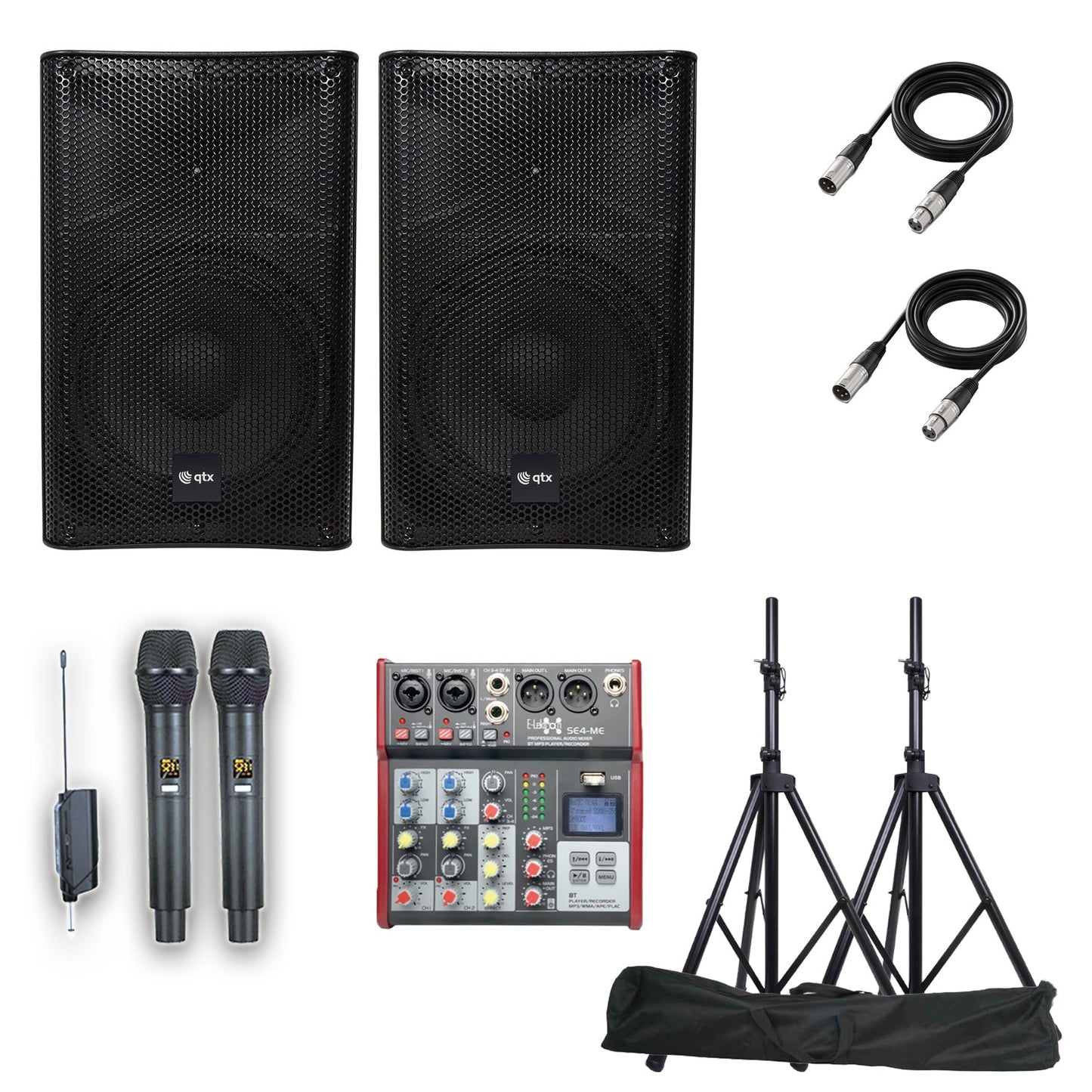 QTX Audius-15 Bluetooth PA Bundle with Mixer, Mics & Stands - PA speaker system available at ACLINKER Australia