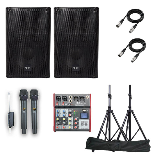 QTX Audius-15 Bluetooth PA Bundle with Mixer, Mics & Stands - PA speaker system available at ACLINKER Australia