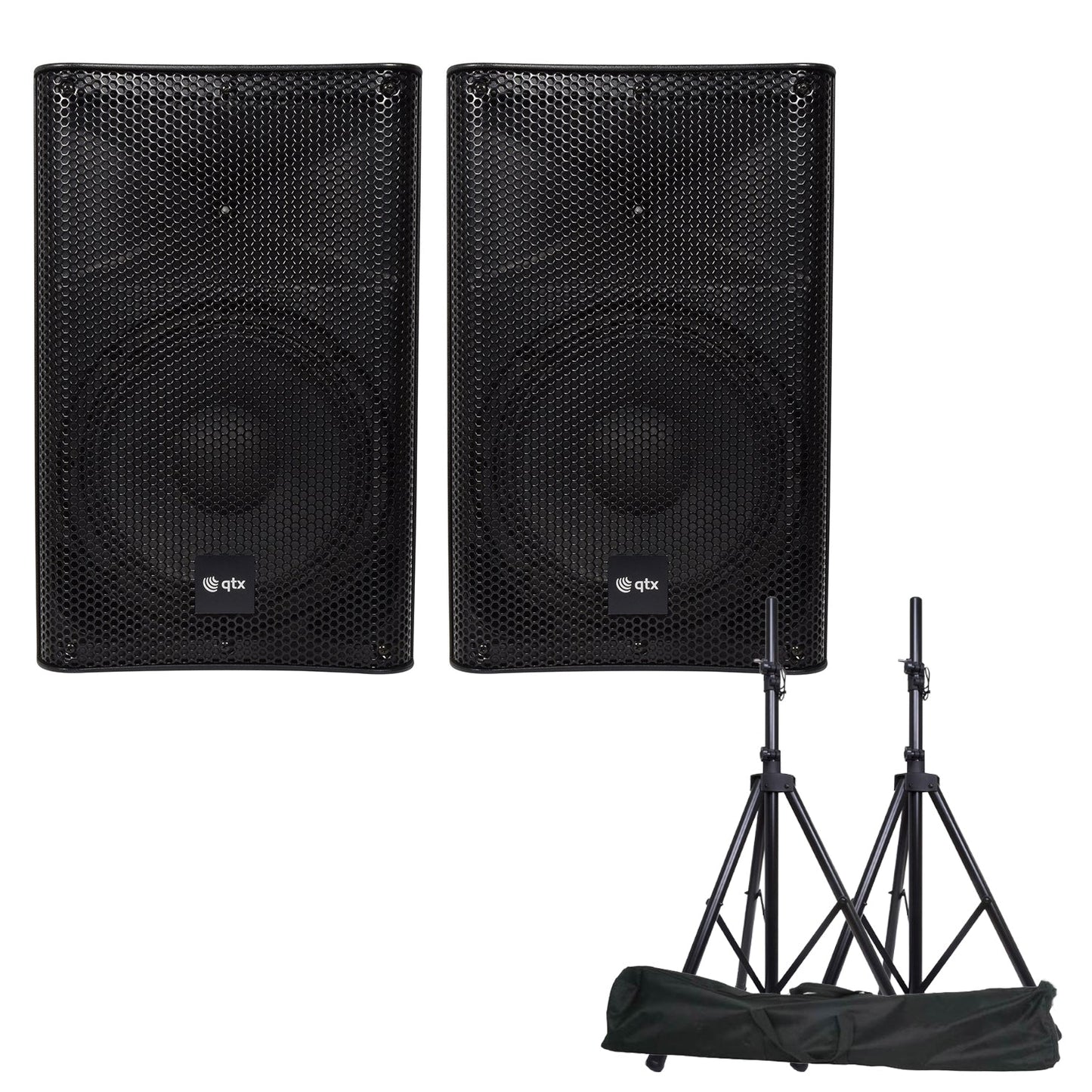 QTX Quest-15AS Active Bluetooth PA Speakers with Stands - PA speaker system available at ACLINKER Australia
